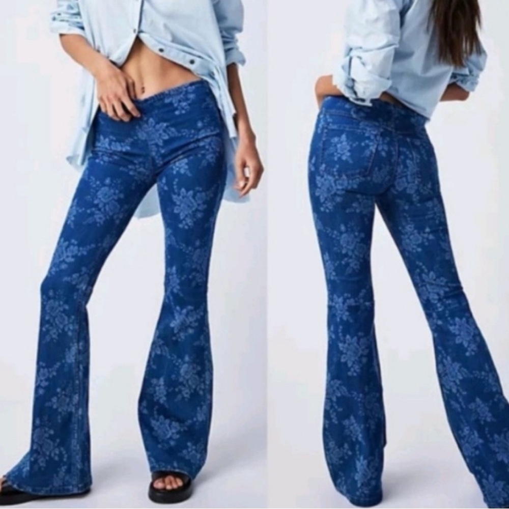 We The Free Blue Floral Denim Flare Jeans - Picture 2 of 15